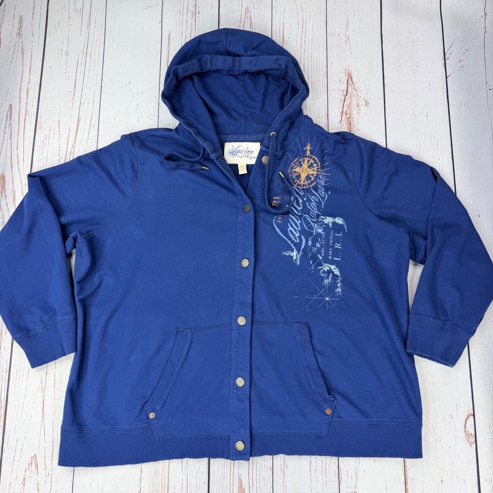 Lauren Ralph Lauren Navy Blue Button Front Nautical Compass Hoodie 3X